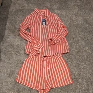 Coral and White Striped Two-Piece Shirt & Shorts Set